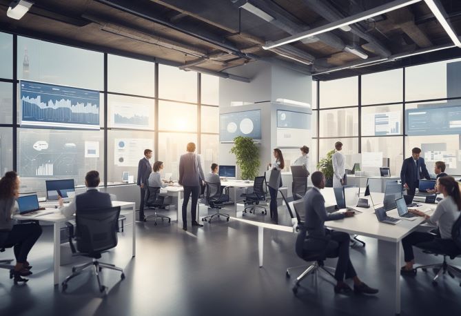 A bustling office space with employees collaborating around a large Knoodl diagram displayed on a digital screen, while others work on laptops and tablets